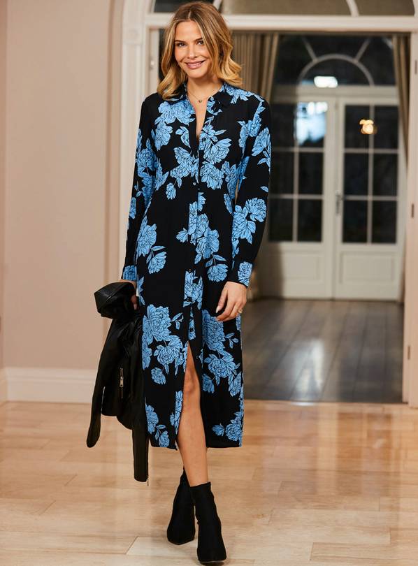 SOSANDAR Black & Blue Floral Print Shirt Dress 18